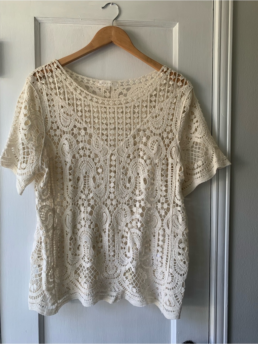 Ivory Crochet Lace Top L Boho Romantic Open Knit Scalloped Cottagecore Blouse